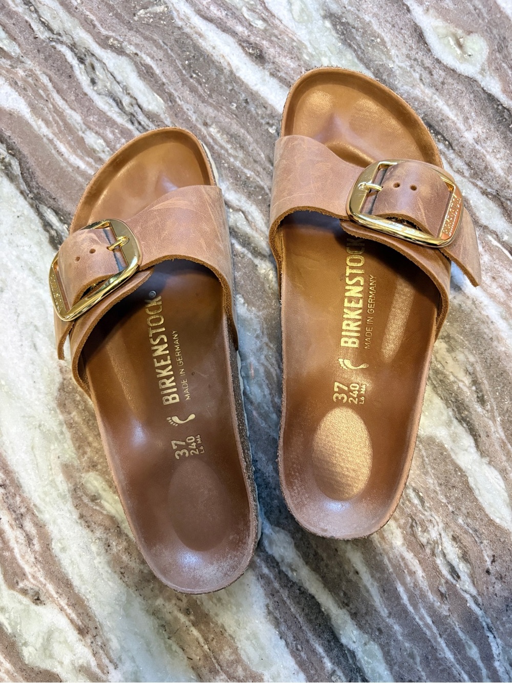 Birkenstock Women’s Madrid Single-Band Sandal - Cognac with Gold Buckle